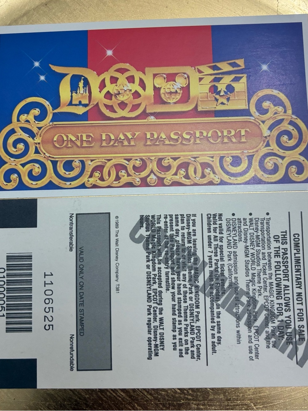 Rare 1989 Walt Disney One Day Passport